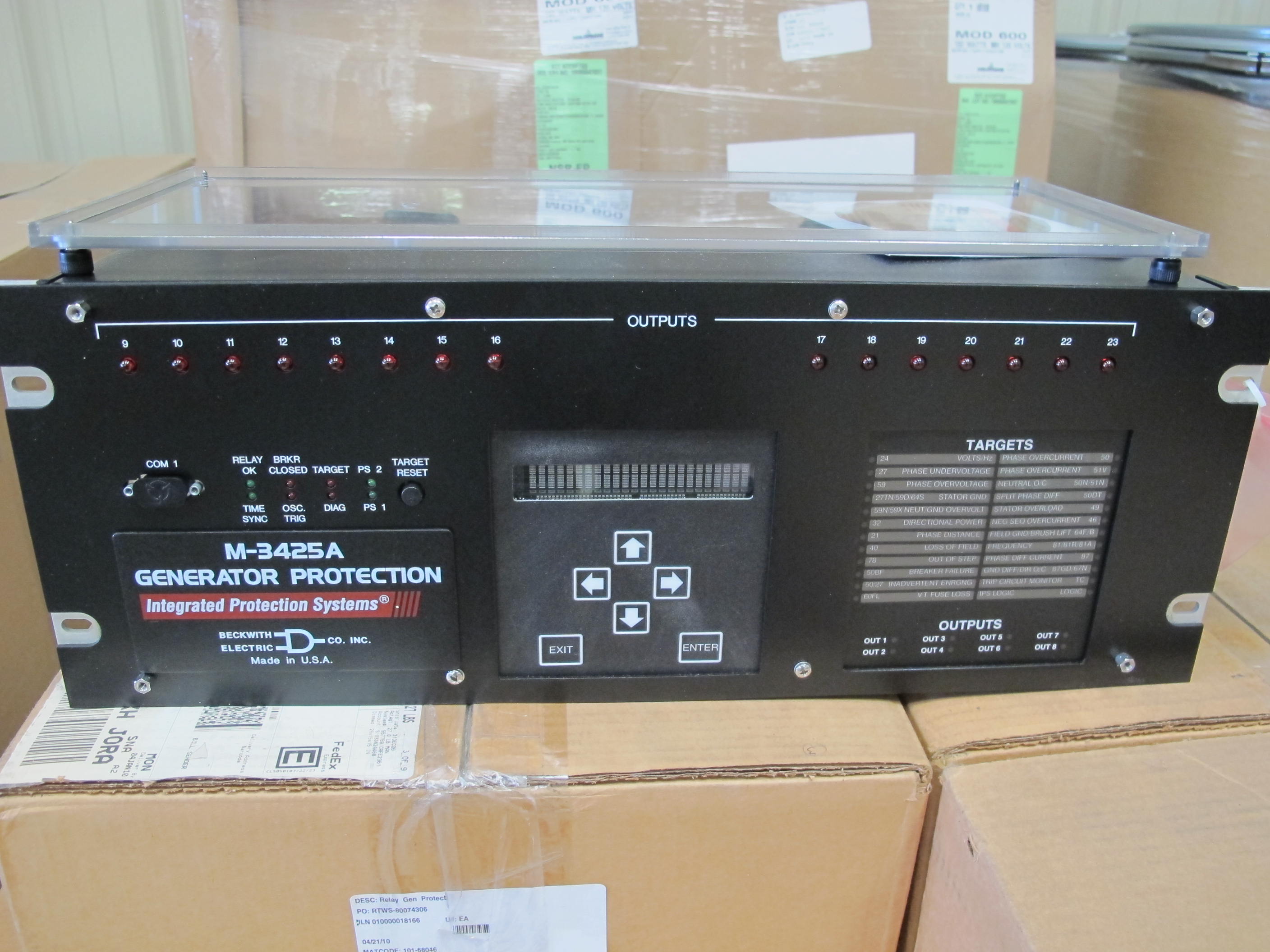 LOT (10) RELAYS, GEN. PROTECTION, DIGITAL MULTIFUNCTION KIND BECKWITH RELAY M-3425A COMPREHENSIVE PROTECTION SYSTEM WITH IPSCOM COMMUNICATION SOFTWARE AND THE FOLLOWING OPTIONAL PROTECTIVE FUNCTIONS: 1) SYNCH-CHECK PLUS (25) 2) POWER INPUT: 110/125/220/250 VDCOR 110/120/230/240 VAC NOMINAL 3) VOLTAGE INPUT FROM VOLTAGE TRANSFORMER: 120 VAC, WYE-CONNECTED VA, VB, VC 4) VOLTAGE INP & (8) FIXTURE, LIGHTING, 150 WATT PULSE METAL HALIDE (MH), WITH EM RELAY KIT, MODULE 600, 120 VAC, MEDIUM BASE SOCKET, GRAY FINISH, CONDUIT ADAPTER, 16" WIDE X 16.25" HIGH X 11.25" DEPTH SIZE, BOROSILICATE PRISMATIC GLASS REFRACTOR, POLE OR SURFACE-MOUNTED LUMINAIRE. INCLUDES: > LIGHT FIXTURE (HOLOPHANE MW15DMH12GADEMUSPOM) > MAIN LAMP HOLDER (4 KV PULSE RATED, 660W-600V) > MAIN LAMP (S (W-44) LOADING & HANDLING FEE $15-